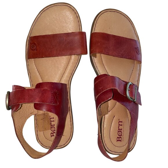 Born Selway Women's Red Leather Flat Sheikh Sandals with Ankle Strap Size 8M - Picture 10 of 10